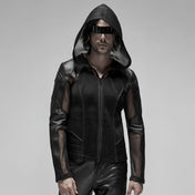 Leather faux-leather wetlook pressed-rubber imitation-leather polyester cotton-lining spandex elastane mesh transparent sheer fishnet fish-net stretchy tops outerwear jacket coat longsleeve long-sleeve sleeves sleeved zipper front-zip wetlook-trim hooded mesh-hood hoodie edgy leather-inserts fetish fashion alt-fashion punk goth gothic cyber cyberpunk rockstar club clubwear costume cosplay halloween unisex male masculine masc mens menswear guys dudes black