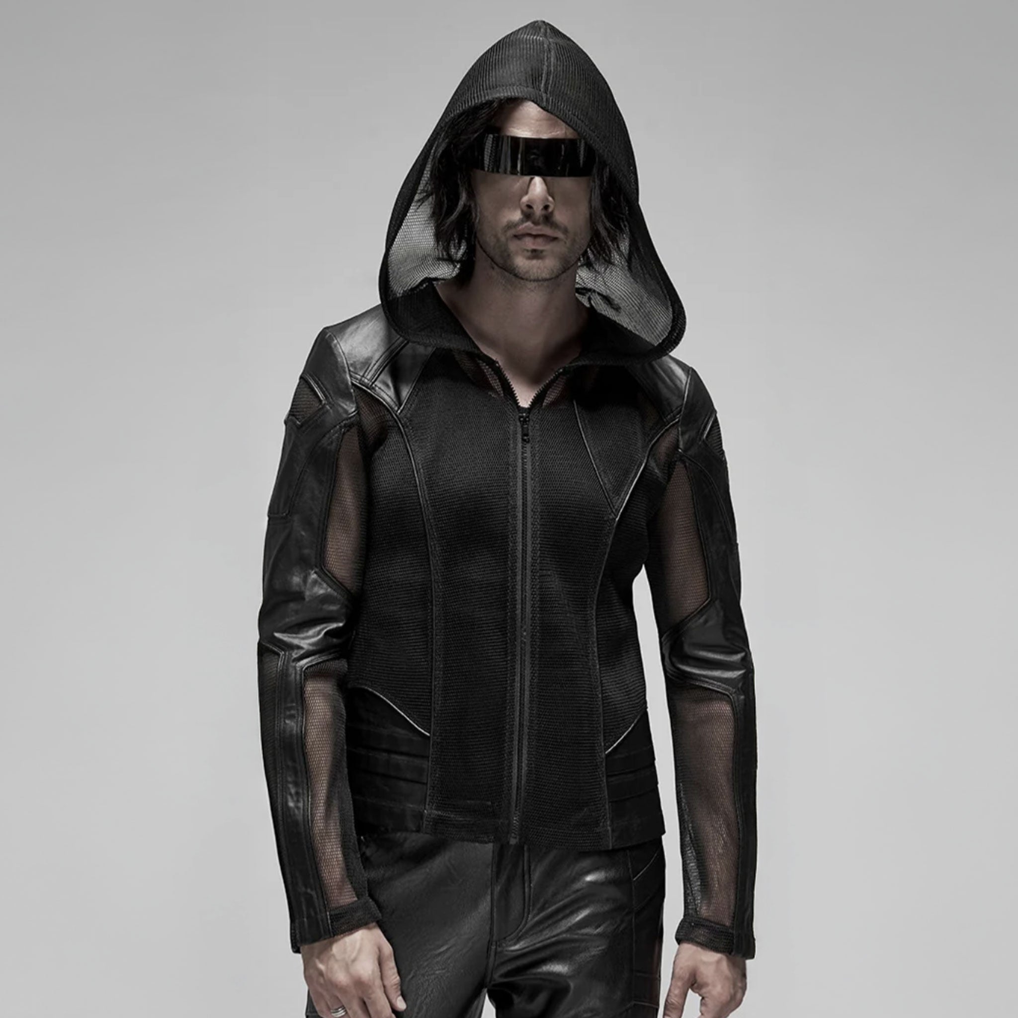 Leather faux-leather wetlook pressed-rubber imitation-leather polyester cotton-lining spandex elastane mesh transparent sheer fishnet fish-net stretchy tops outerwear jacket coat longsleeve long-sleeve sleeves sleeved zipper front-zip wetlook-trim hooded mesh-hood hoodie edgy leather-inserts fetish fashion alt-fashion punk goth gothic cyber cyberpunk rockstar club clubwear costume cosplay halloween unisex male masculine masc mens menswear guys dudes black