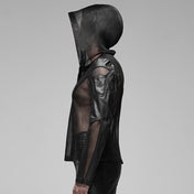 Leather faux-leather wetlook pressed-rubber imitation-leather polyester cotton-lining spandex elastane mesh transparent sheer fishnet fish-net stretchy tops outerwear jacket coat longsleeve long-sleeve sleeves sleeved zipper front-zip wetlook-trim hooded mesh-hood hoodie edgy leather-inserts fetish fashion alt-fashion punk goth gothic cyber cyberpunk rockstar club clubwear costume cosplay halloween unisex male masculine masc mens menswear guys dudes black