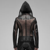 Leather faux-leather wetlook pressed-rubber imitation-leather polyester cotton-lining spandex elastane mesh transparent sheer fishnet fish-net stretchy tops outerwear jacket coat longsleeve long-sleeve sleeves sleeved zipper front-zip wetlook-trim hooded mesh-hood hoodie edgy leather-inserts fetish fashion alt-fashion punk goth gothic cyber cyberpunk rockstar club clubwear costume cosplay halloween unisex male masculine masc mens menswear guys dudes black