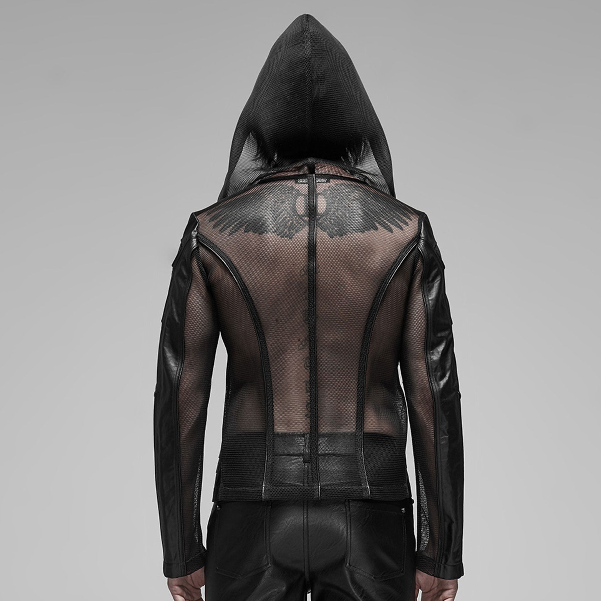 Leather faux-leather wetlook pressed-rubber imitation-leather polyester cotton-lining spandex elastane mesh transparent sheer fishnet fish-net stretchy tops outerwear jacket coat longsleeve long-sleeve sleeves sleeved zipper front-zip wetlook-trim hooded mesh-hood hoodie edgy leather-inserts fetish fashion alt-fashion punk goth gothic cyber cyberpunk rockstar club clubwear costume cosplay halloween unisex male masculine masc mens menswear guys dudes black