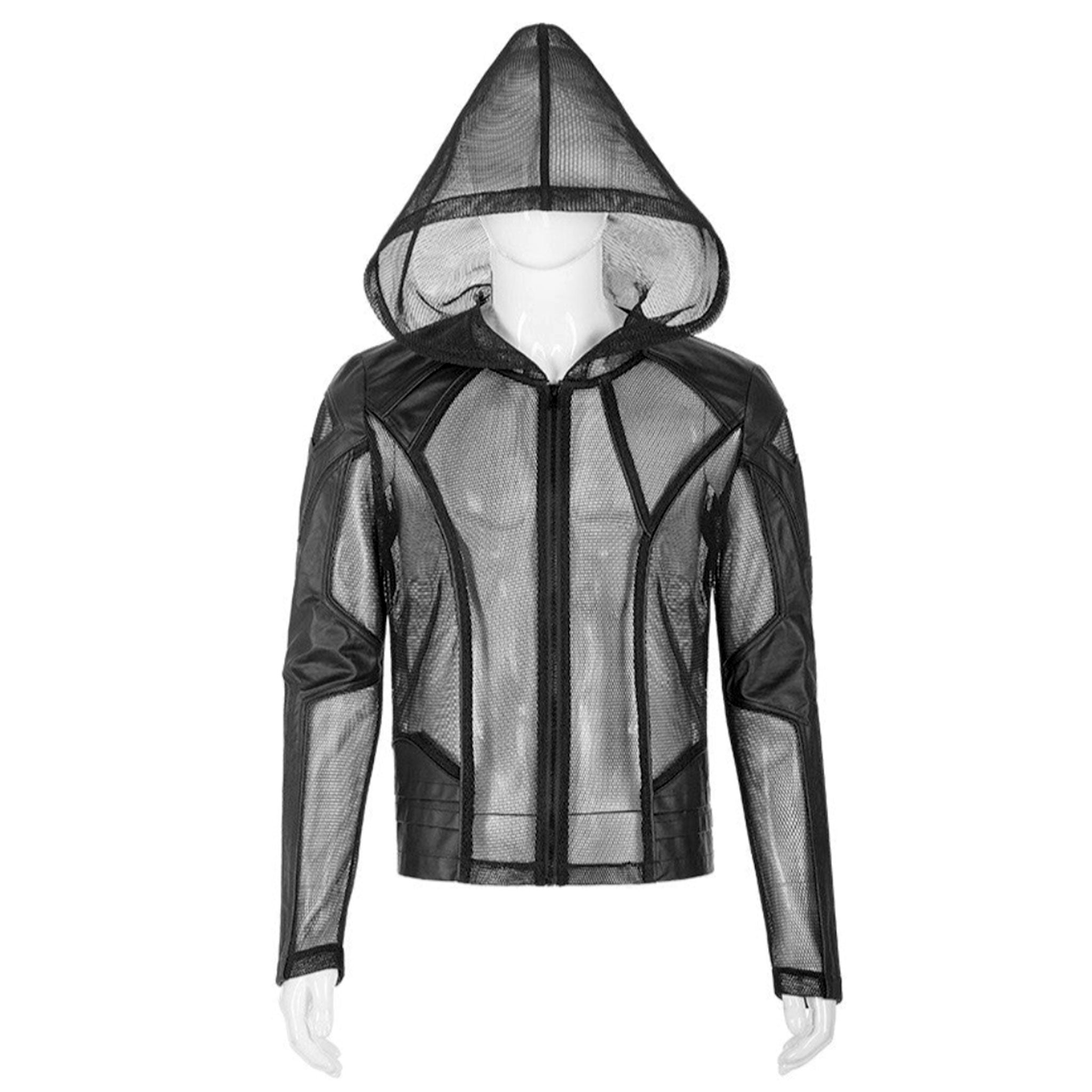Leather faux-leather wetlook pressed-rubber imitation-leather polyester cotton-lining spandex elastane mesh transparent sheer fishnet fish-net stretchy tops outerwear jacket coat longsleeve long-sleeve sleeves sleeved zipper front-zip wetlook-trim hooded mesh-hood hoodie edgy leather-inserts fetish fashion alt-fashion punk goth gothic cyber cyberpunk rockstar club clubwear costume cosplay halloween unisex male masculine masc mens menswear guys dudes black