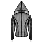 Leather faux-leather wetlook pressed-rubber imitation-leather polyester cotton-lining spandex elastane mesh transparent sheer fishnet fish-net stretchy tops outerwear jacket coat longsleeve long-sleeve sleeves sleeved zipper front-zip wetlook-trim hooded mesh-hood hoodie edgy leather-inserts fetish fashion alt-fashion punk goth gothic cyber cyberpunk rockstar club clubwear costume cosplay halloween unisex male masculine masc mens menswear guys dudes black