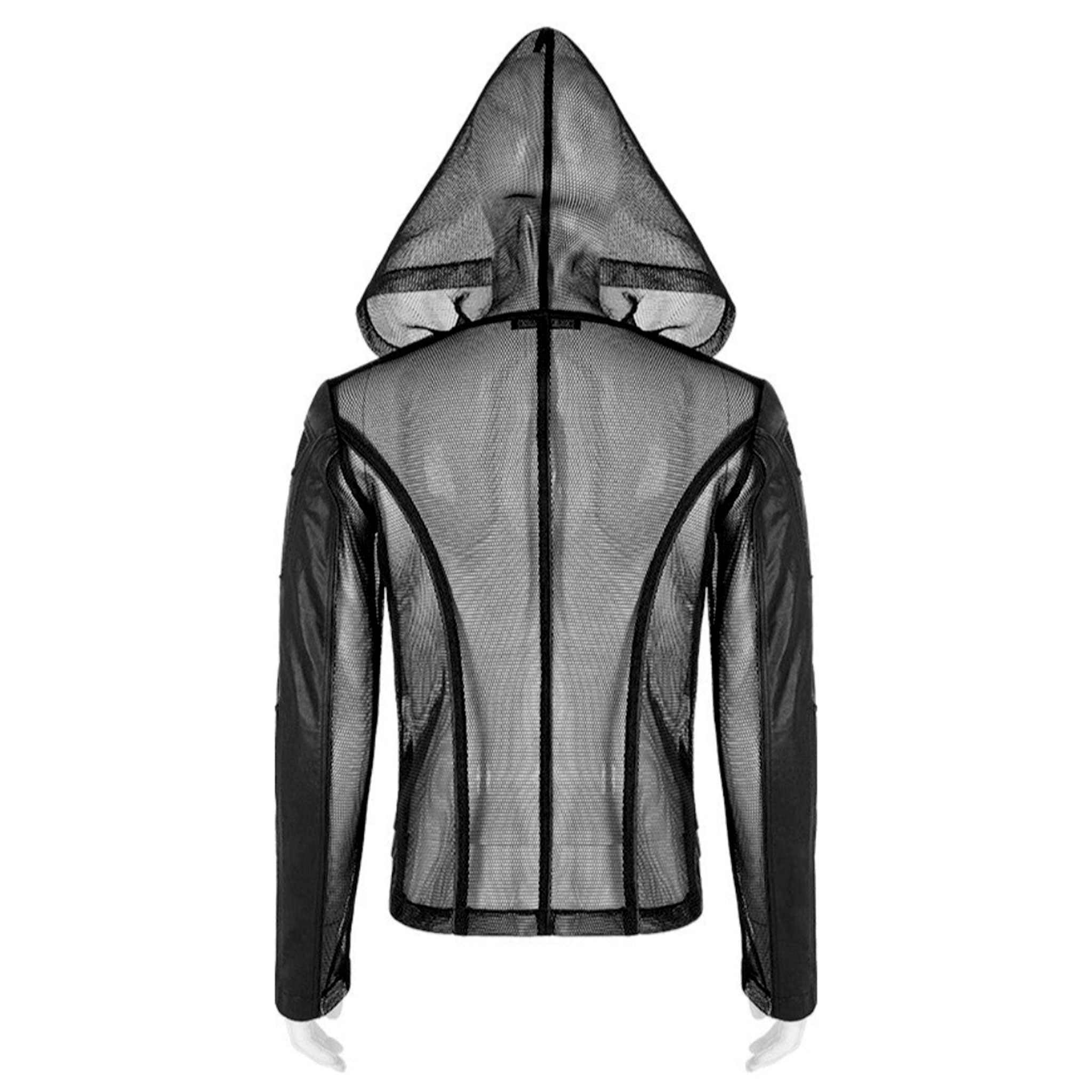 Leather faux-leather wetlook pressed-rubber imitation-leather polyester cotton-lining spandex elastane mesh transparent sheer fishnet fish-net stretchy tops outerwear jacket coat longsleeve long-sleeve sleeves sleeved zipper front-zip wetlook-trim hooded mesh-hood hoodie edgy leather-inserts fetish fashion alt-fashion punk goth gothic cyber cyberpunk rockstar club clubwear costume cosplay halloween unisex male masculine masc mens menswear guys dudes black