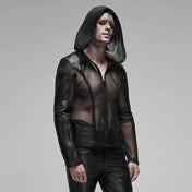Leather faux-leather wetlook pressed-rubber imitation-leather polyester cotton-lining spandex elastane mesh transparent sheer fishnet fish-net stretchy tops outerwear jacket coat longsleeve long-sleeve sleeves sleeved zipper front-zip wetlook-trim hooded mesh-hood hoodie edgy leather-inserts fetish fashion alt-fashion punk goth gothic cyber cyberpunk rockstar club clubwear costume cosplay halloween unisex male masculine masc mens menswear guys dudes black