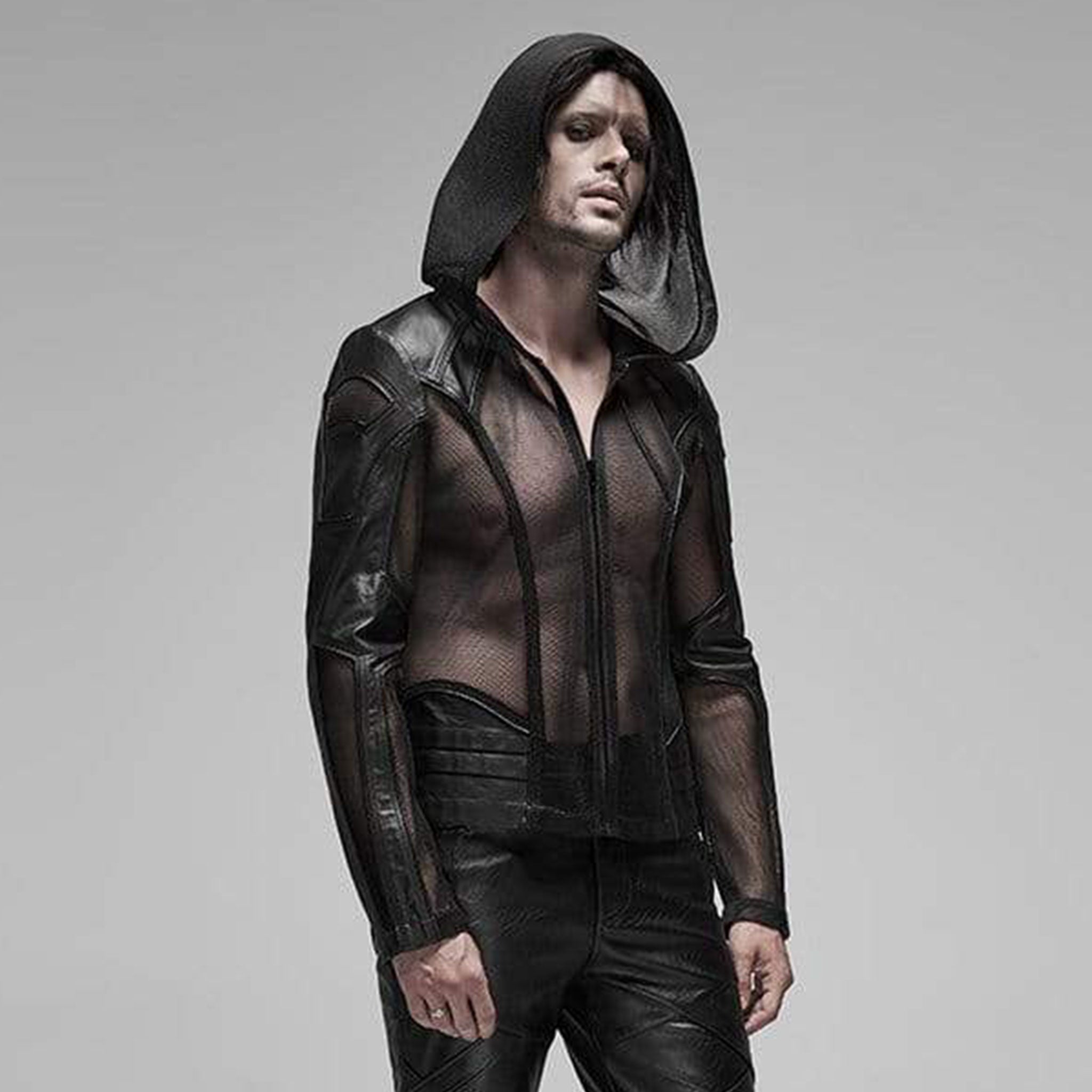Leather faux-leather wetlook pressed-rubber imitation-leather polyester cotton-lining spandex elastane mesh transparent sheer fishnet fish-net stretchy tops outerwear jacket coat longsleeve long-sleeve sleeves sleeved zipper front-zip wetlook-trim hooded mesh-hood hoodie edgy leather-inserts fetish fashion alt-fashion punk goth gothic cyber cyberpunk rockstar club clubwear costume cosplay halloween unisex male masculine masc mens menswear guys dudes black