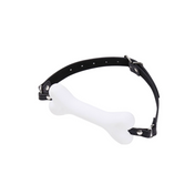 White bone gag, silicone bar gag, BDSM pet play, adjustable faux leather strap, D-ring gag, fetish restraint.