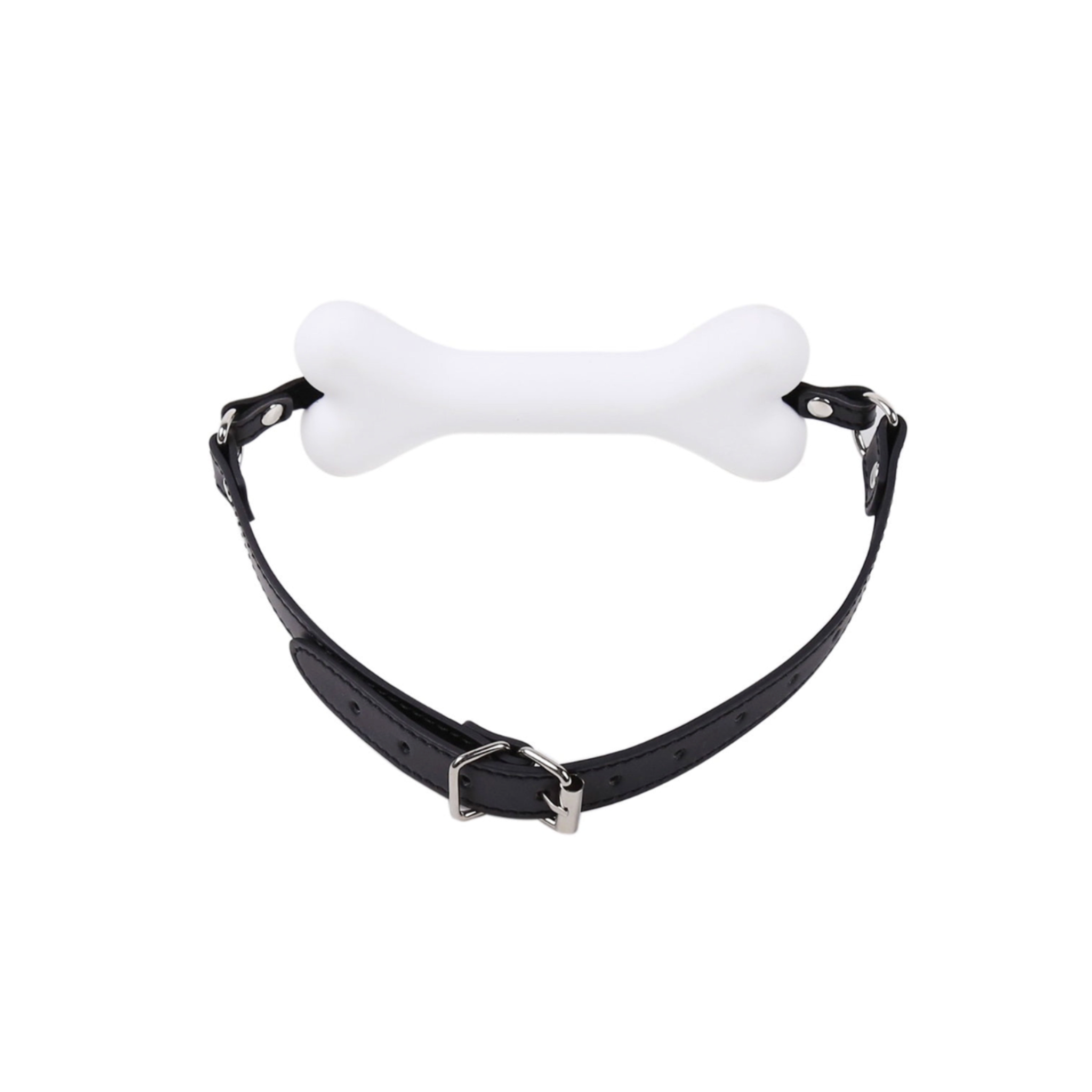 White bone gag, silicone bar gag, BDSM pet play, adjustable faux leather strap, D-ring gag, fetish restraint.