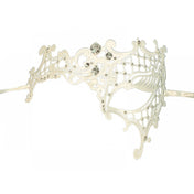 Metallic metalwork semi-flexible semi-malleable laser-cut rhinestones gems accessories mask eye-mask filigree-mask asymmetrical one-eye tie-on satin-ribbon elegant elegance sparkling luxury luxurious delicate graceful refined costumes cosplay Halloween masquerade masquerade-ball party bridal formal-ball winter winter-themed unisex white clear