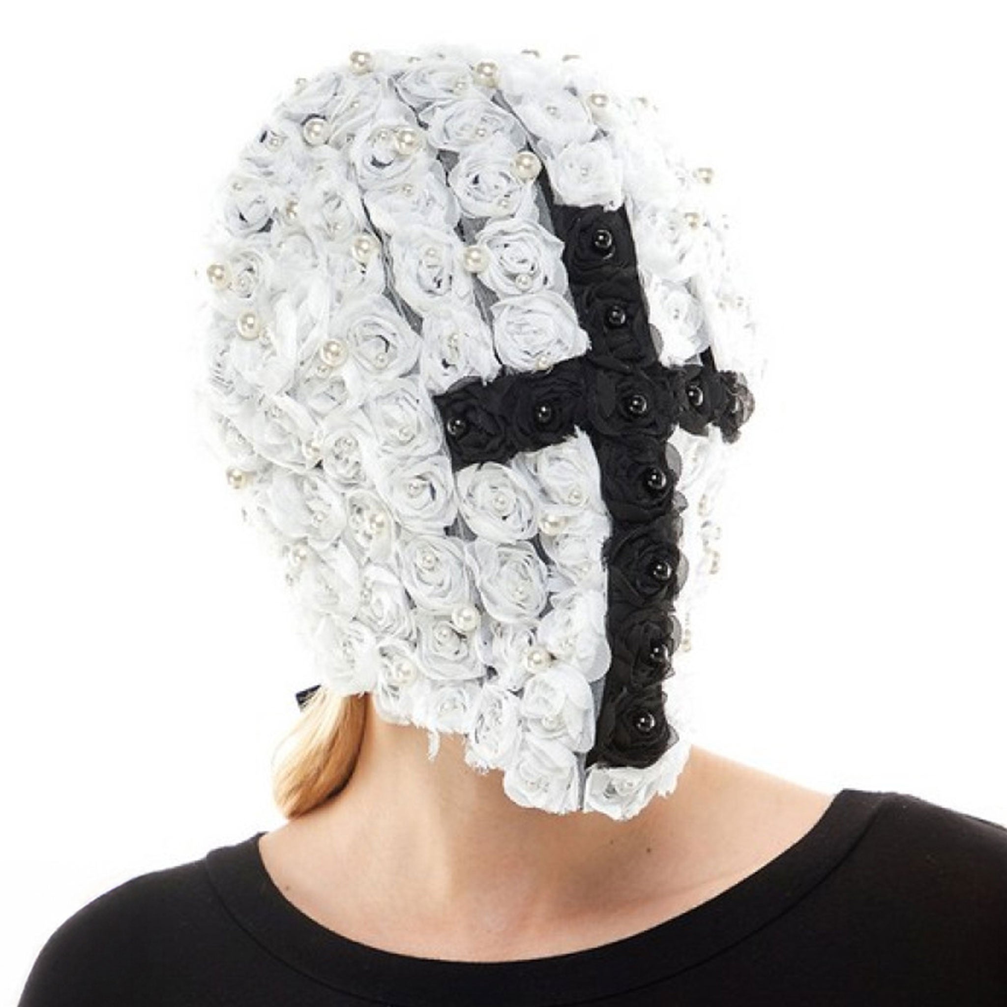 Spandex elastane nylon hood mask full-face flowers roses pearl bead beaded cross crucifix breathable stretchy hidden eyeholes anonymous anonymizing costume cosplay accessories halloween white black