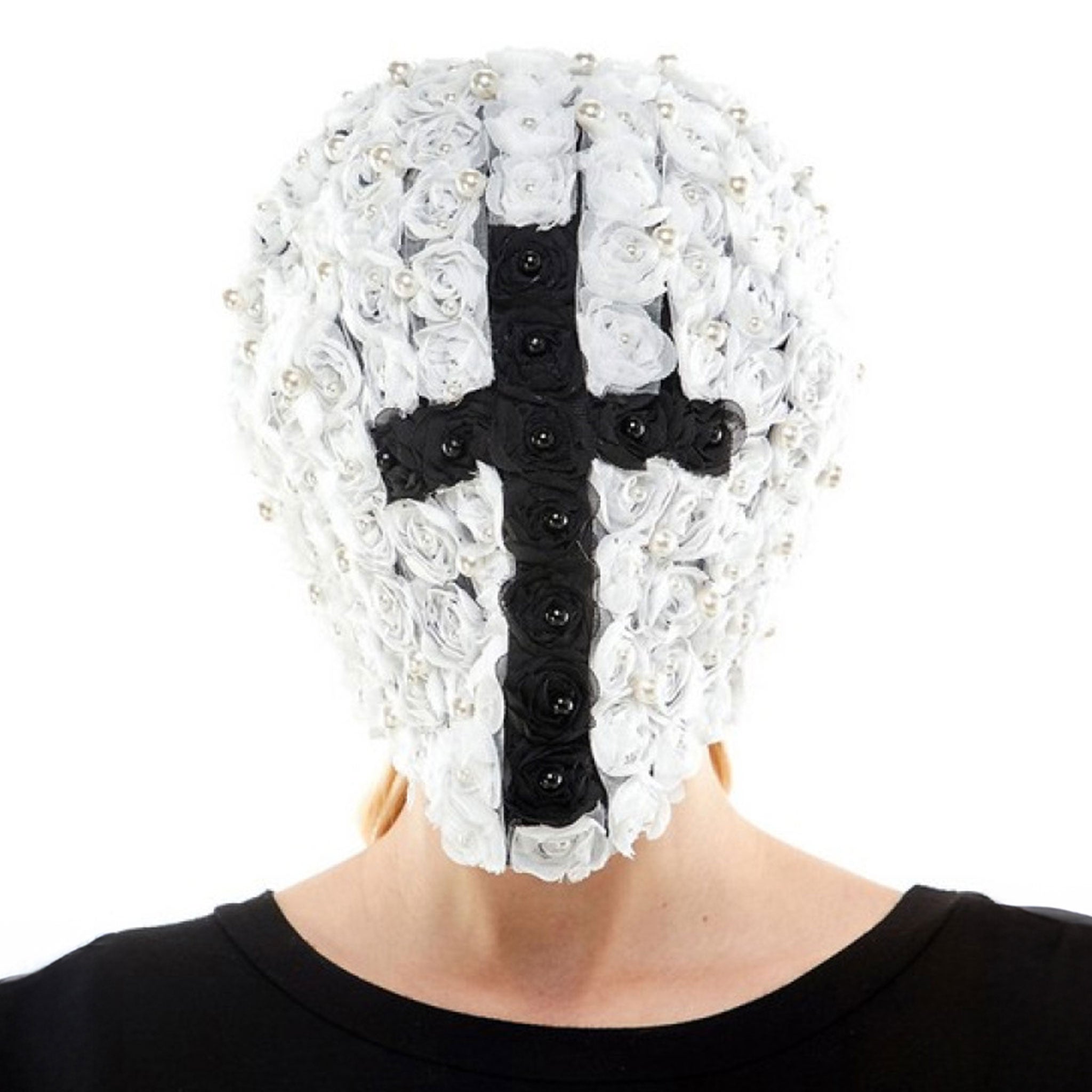 Spandex elastane nylon hood mask full-face flowers roses pearl bead beaded cross crucifix breathable stretchy hidden eyeholes anonymous anonymizing costume cosplay accessories halloween white black