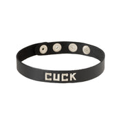 Leather oil-tanned choker collar metal metallic studs word words letter letters statement snap-button press-button adjustable bondage bdsm bdsm-gear pet-play fetish-fashion fashion accessories black silver cuck