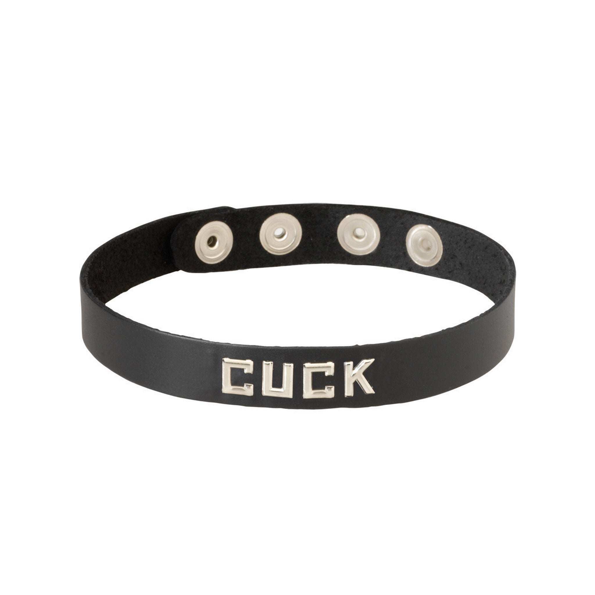 Leather oil-tanned choker collar metal metallic studs word words letter letters statement snap-button press-button adjustable bondage bdsm bdsm-gear pet-play fetish-fashion fashion accessories black silver cuck