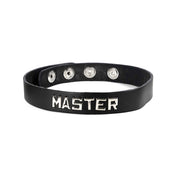 Leather oil-tanned choker collar metal metallic studs word words letter letters statement snap-button press-button adjustable bondage bdsm bdsm-gear pet-play fetish-fashion fashion accessories black silver master