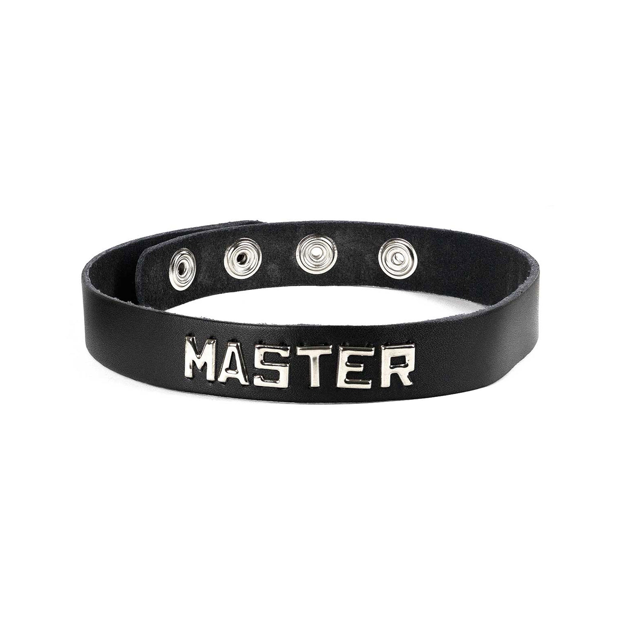 Leather oil-tanned choker collar metal metallic studs word words letter letters statement snap-button press-button adjustable bondage bdsm bdsm-gear pet-play fetish-fashion fashion accessories black silver master