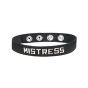 Leather oil-tanned choker collar metal metallic studs word words letter letters statement snap-button press-button adjustable bondage bdsm bdsm-gear pet-play fetish-fashion fashion accessories black silver mistress