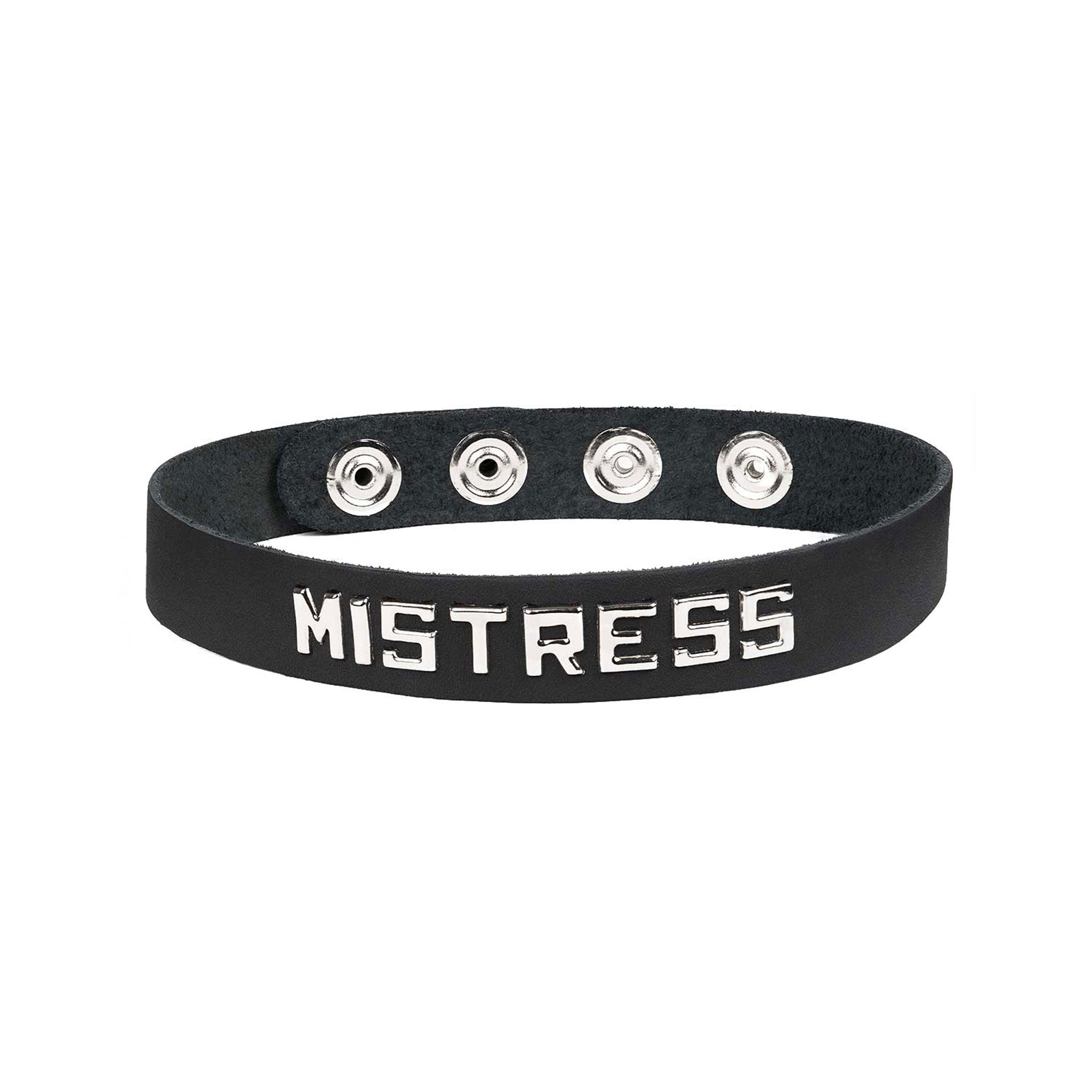 Leather oil-tanned choker collar metal metallic studs word words letter letters statement snap-button press-button adjustable bondage bdsm bdsm-gear pet-play fetish-fashion fashion accessories black silver mistress