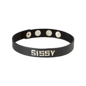 Leather oil-tanned choker collar metal metallic studs word words letter letters statement snap-button press-button adjustable bondage bdsm bdsm-gear pet-play fetish-fashion fashion accessories black silver sissy