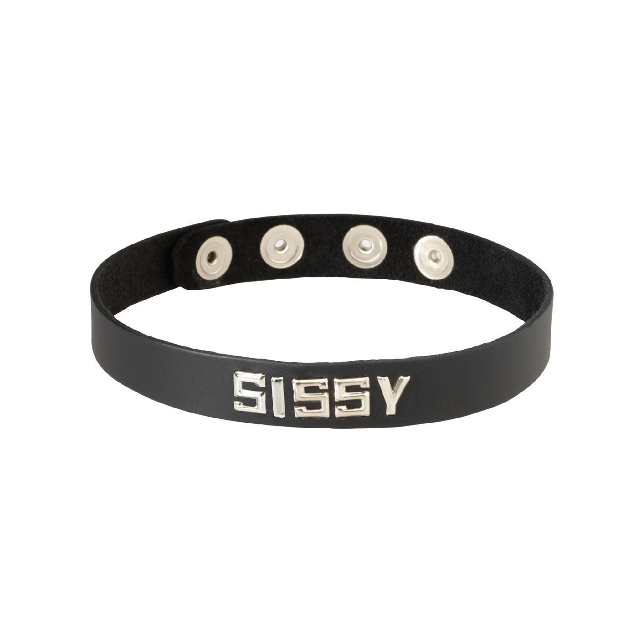 Leather oil-tanned choker collar metal metallic studs word words letter letters statement snap-button press-button adjustable bondage bdsm bdsm-gear pet-play fetish-fashion fashion accessories black silver sissy