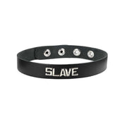 Leather oil-tanned choker collar metal metallic studs word words letter letters statement snap-button press-button adjustable bondage bdsm bdsm-gear pet-play fetish-fashion fashion accessories black silver slave