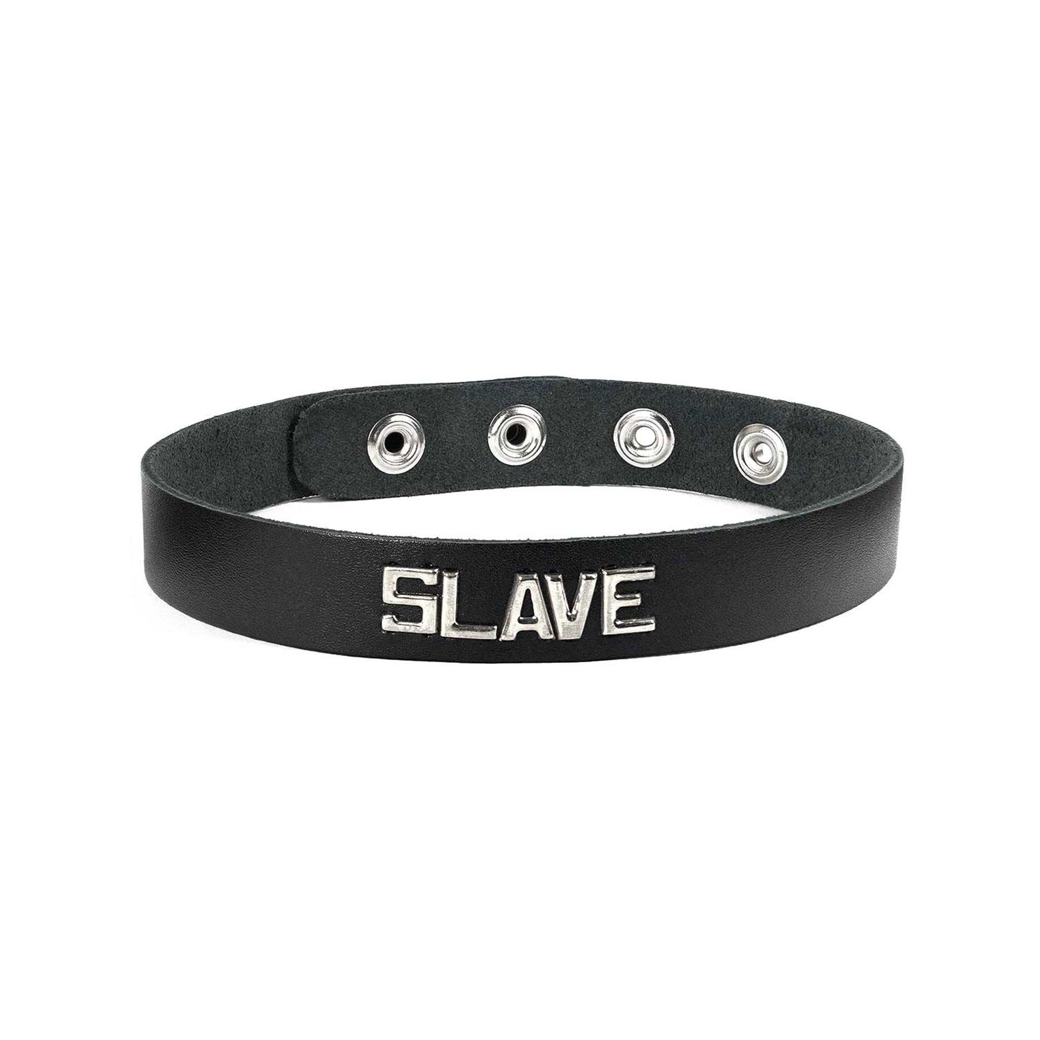 Leather oil-tanned choker collar metal metallic studs word words letter letters statement snap-button press-button adjustable bondage bdsm bdsm-gear pet-play fetish-fashion fashion accessories black silver slave