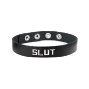 Leather oil-tanned choker collar metal metallic studs word words letter letters statement snap-button press-button adjustable bondage bdsm bdsm-gear pet-play fetish-fashion fashion accessories black silver slut