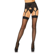 Nylon hosiery stockings backseam back seam fishnet fish net fish-net woven pattern garter thigh high thigh-high intimates black