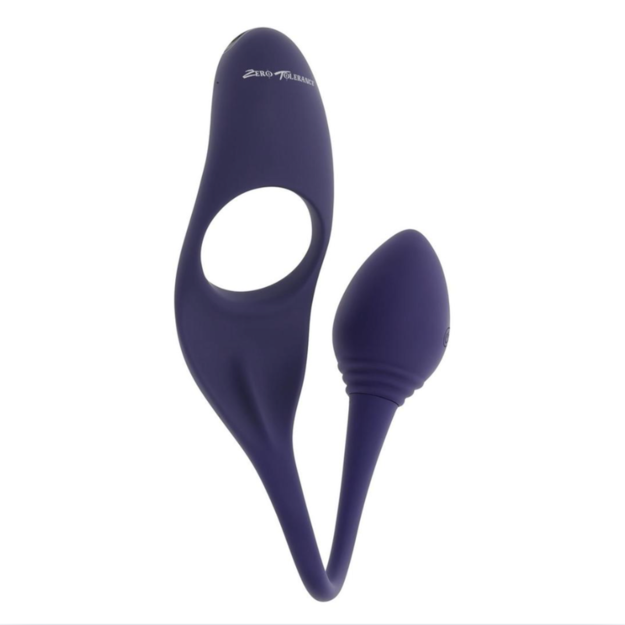 Vibrating cock ring and anal plug, flexible purple toy with dual motor.