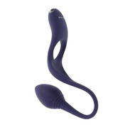 Vibrating cock ring and anal plug, flexible purple toy with dual motor.