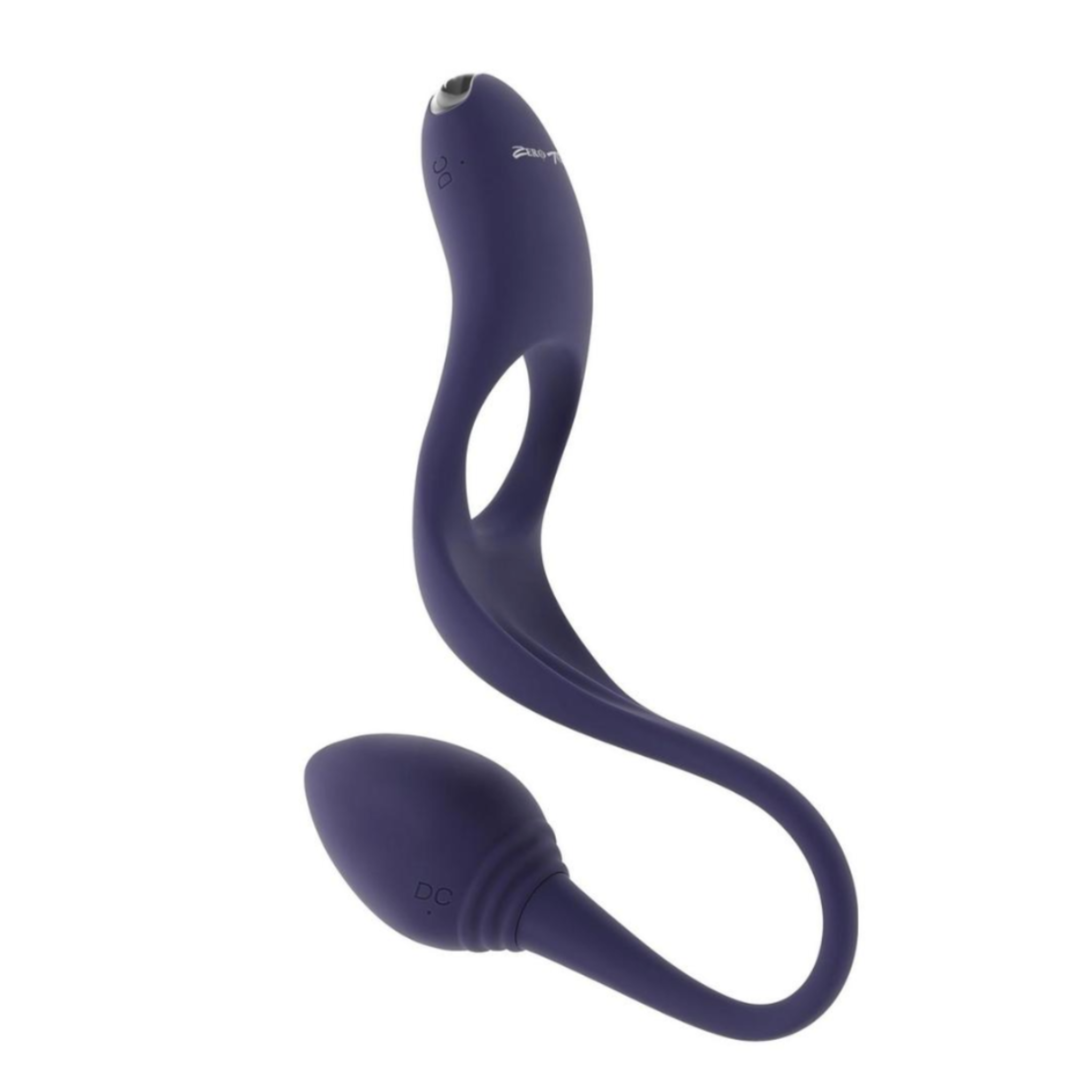 Vibrating cock ring and anal plug, flexible purple toy with dual motor.