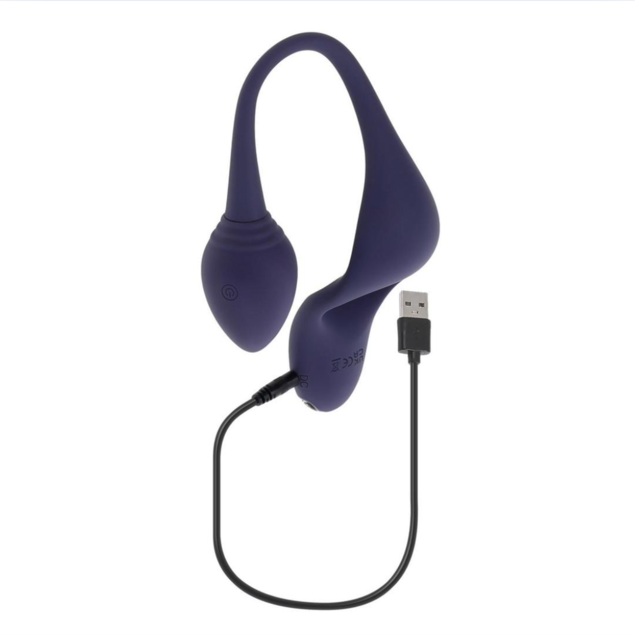 Vibrating cock ring and anal plug, flexible purple toy with dual motor.