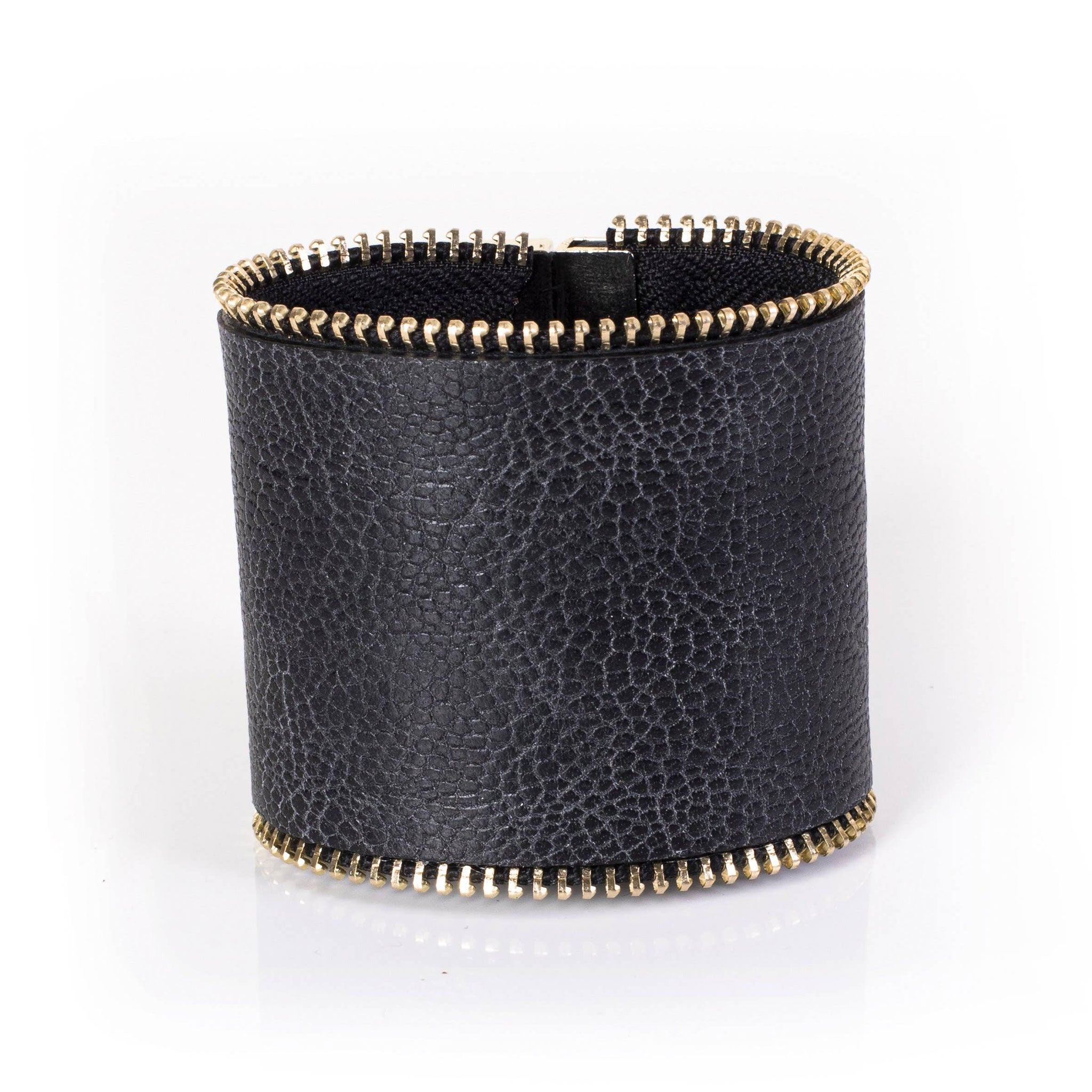 Premium leather wrist cuff bracelet zip zipper edge trim customizable slide clasp fashion alt-fashion arm gear accessories black gold