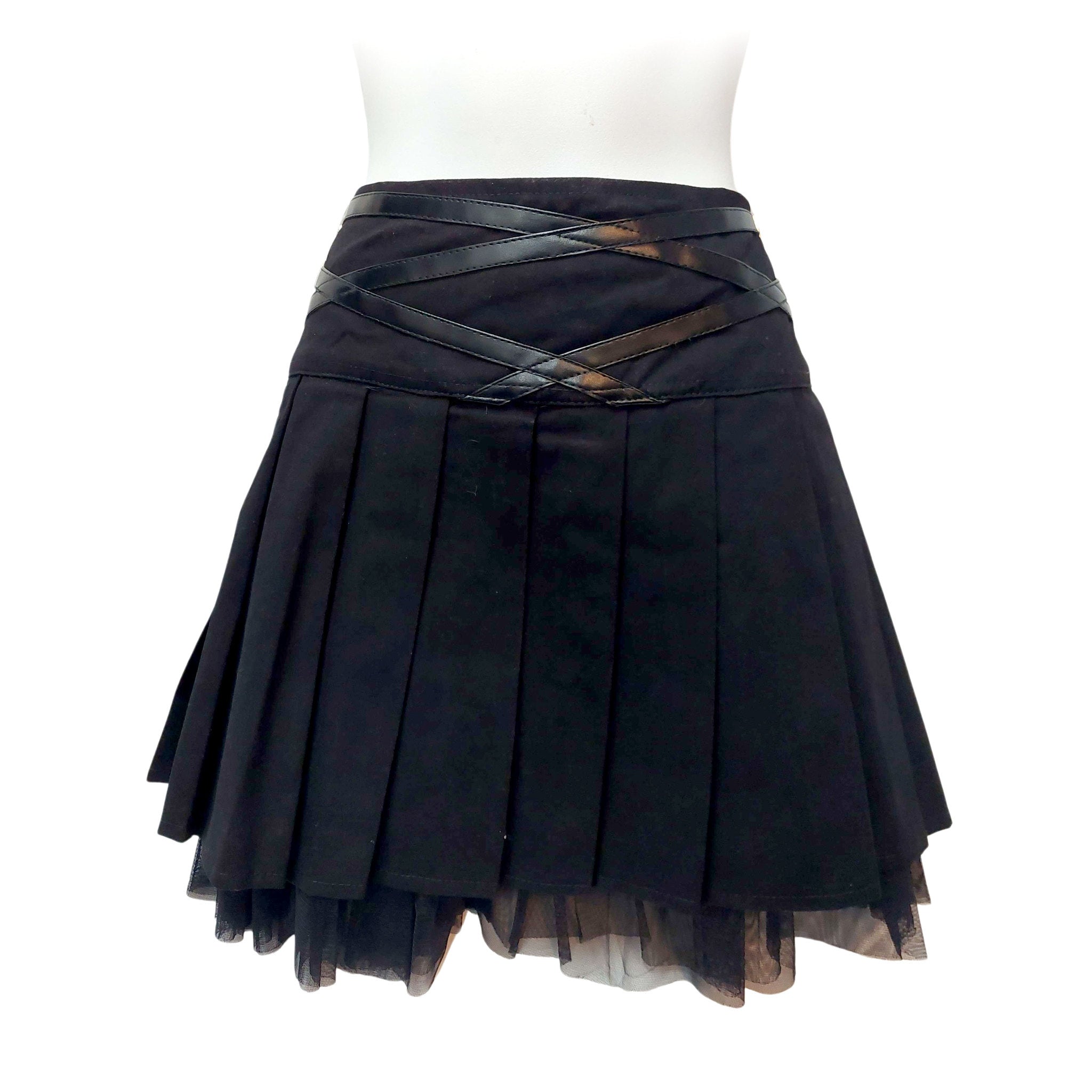 PU Buckle Waist Design Pleaded Mini Skirt With Under Tulle Ruffles