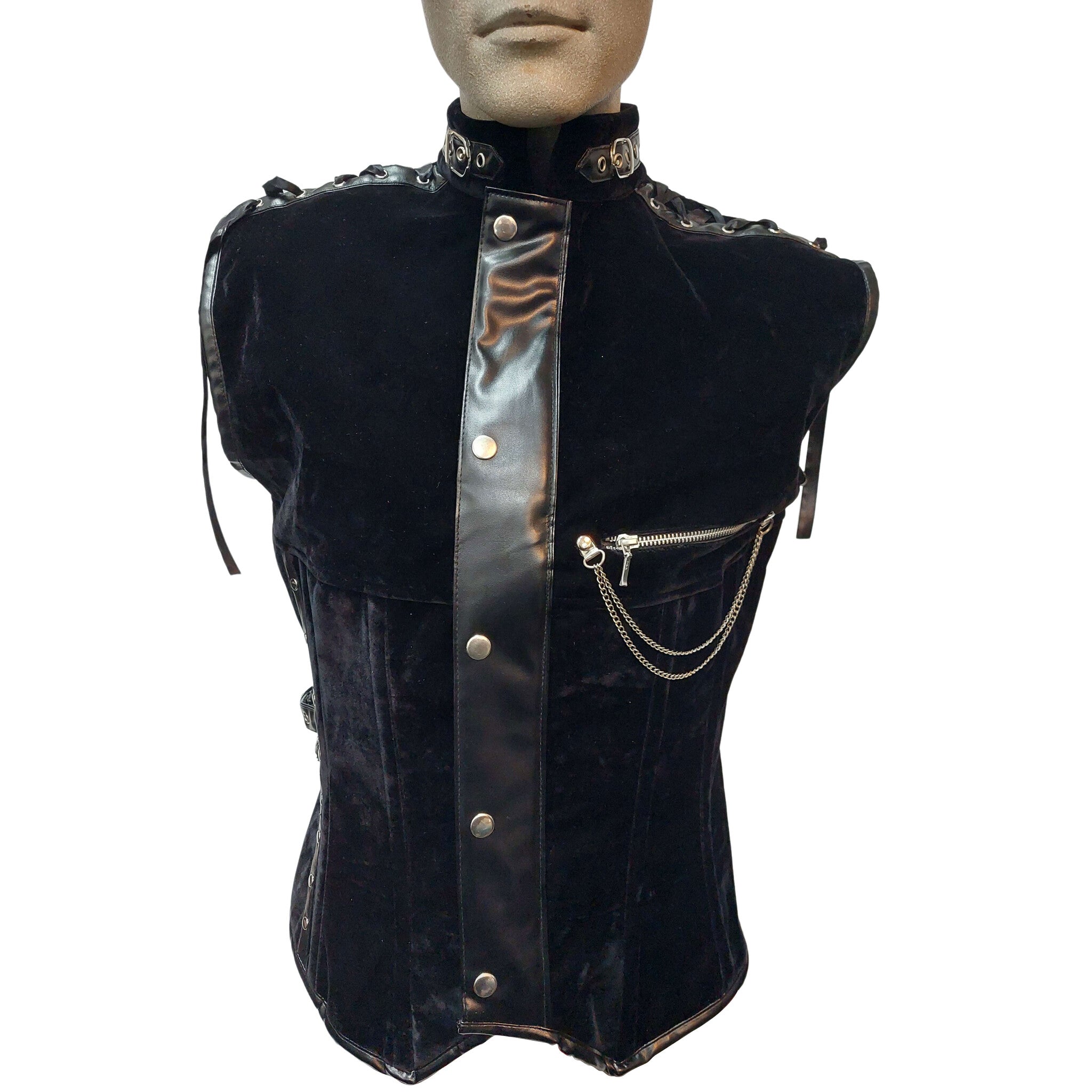 PU Trim Velvet Corset Boned Studded Waistcoat Vest