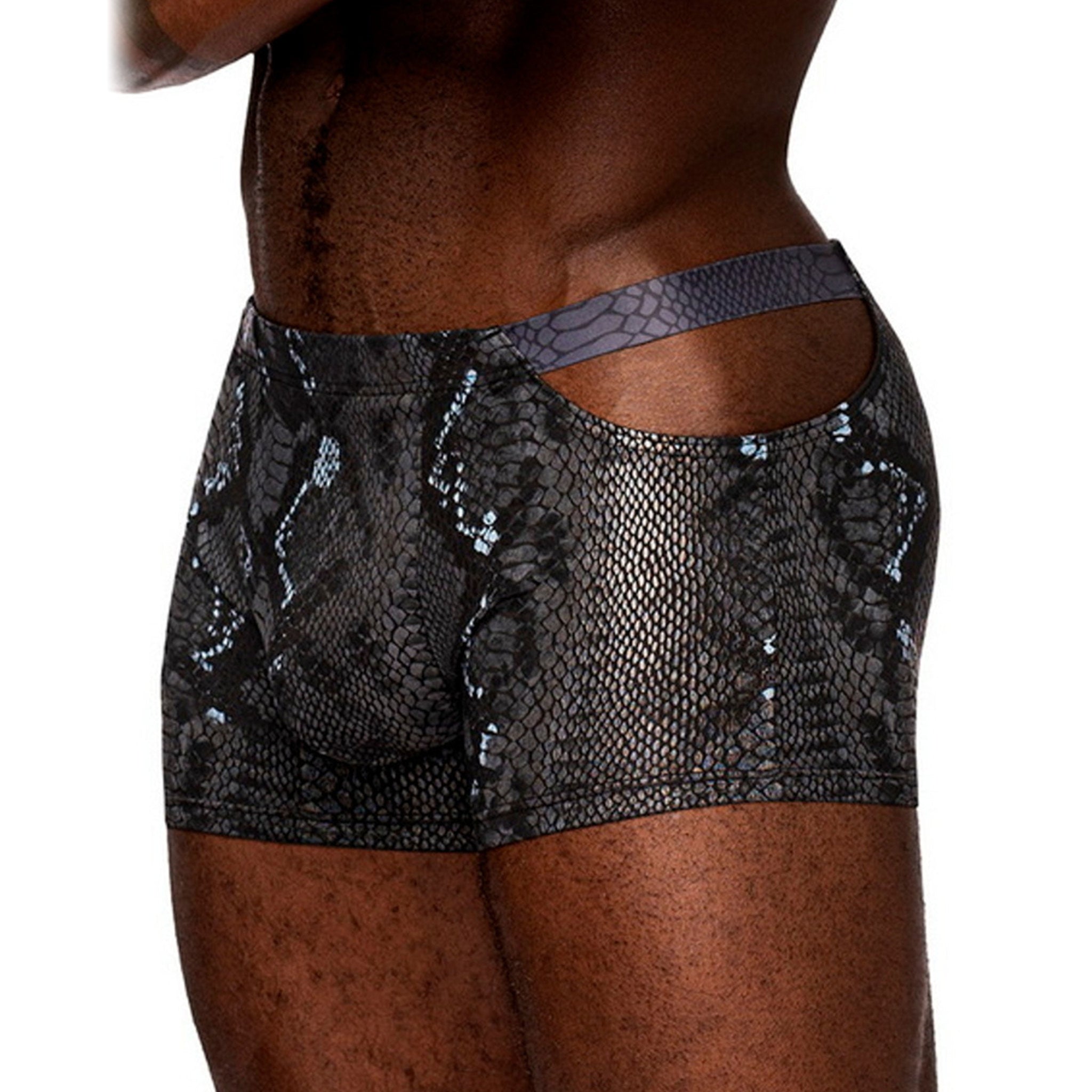 Cut-out Sides Shiny Snake Print Pouch Brief Shorts Size S