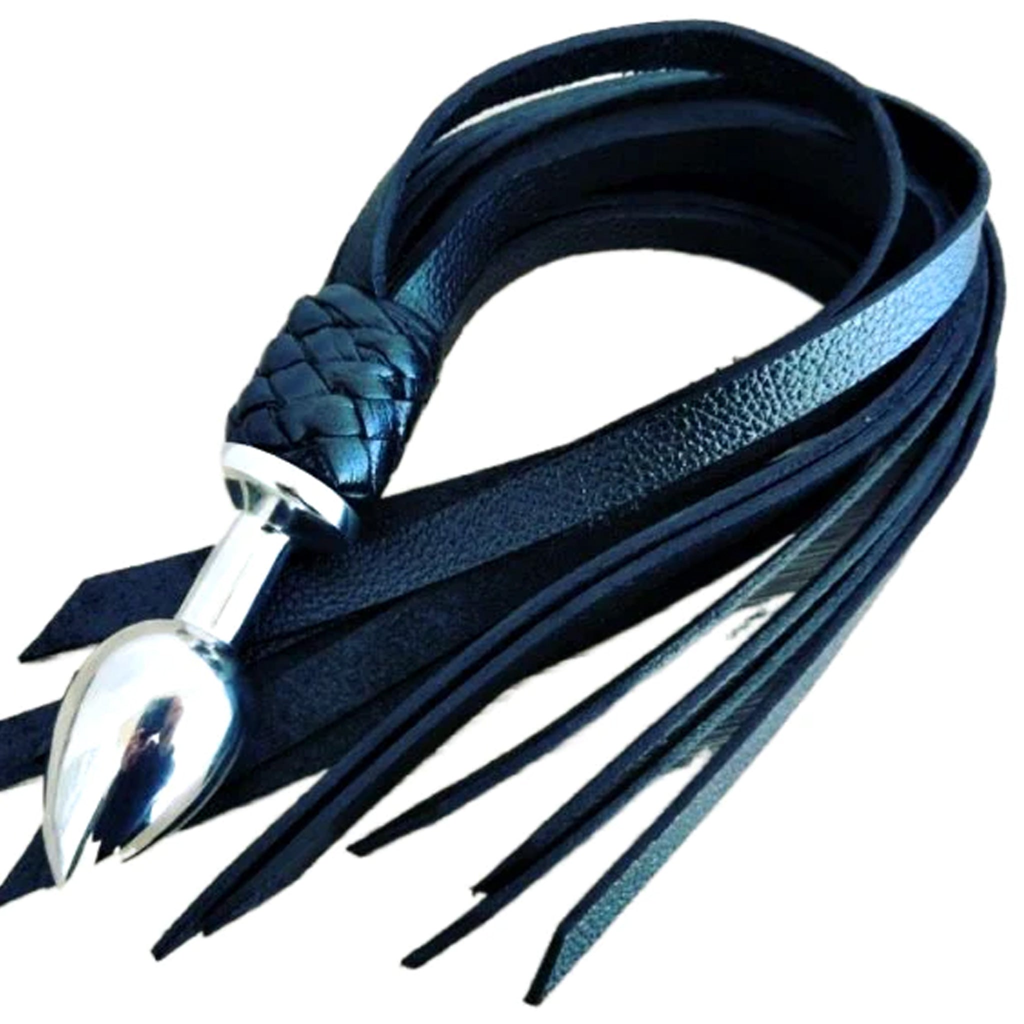 Leather Flogger with Butt Plug Handle Black