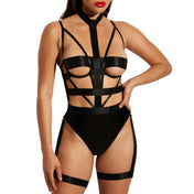 Strappy Caged Peek A Boo Halter Teddy with Garters