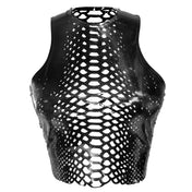 Latex Python Laser-cut Pattern Crop Top Black