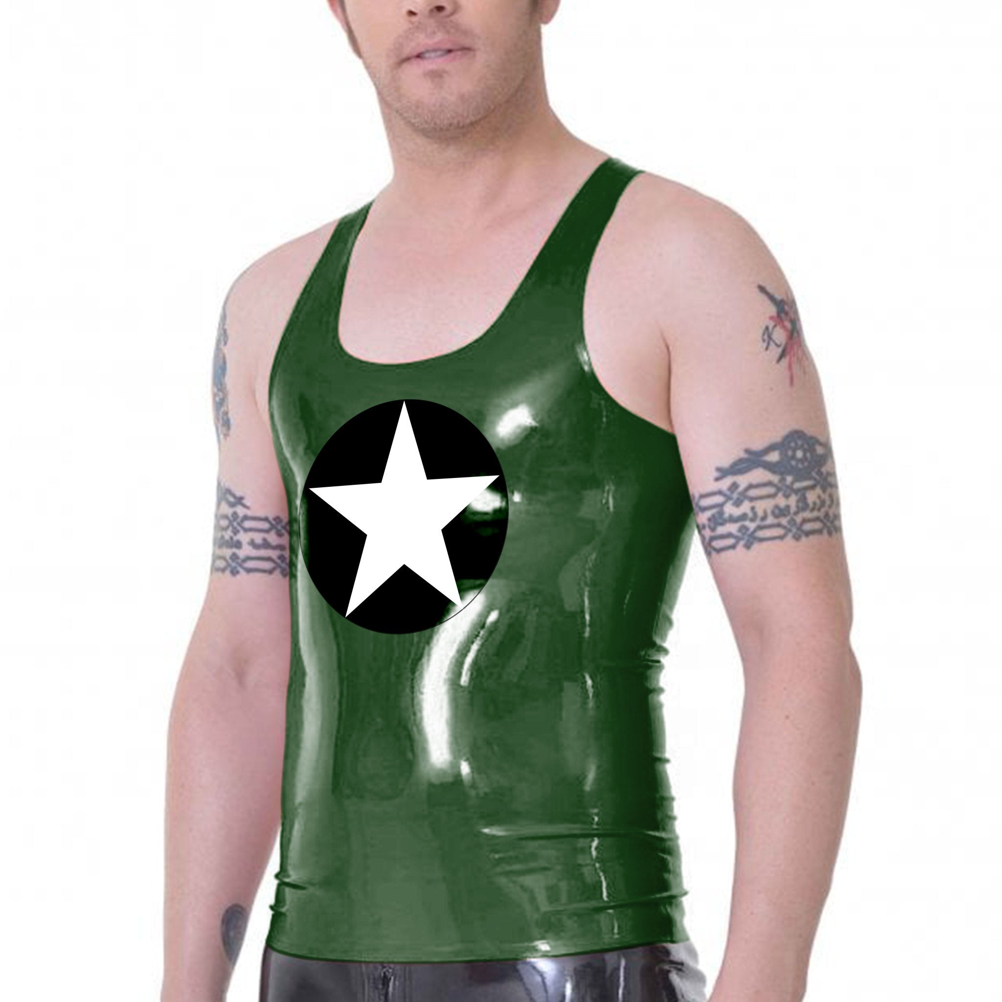Y Back Latex Superhero Tank Black & White Star