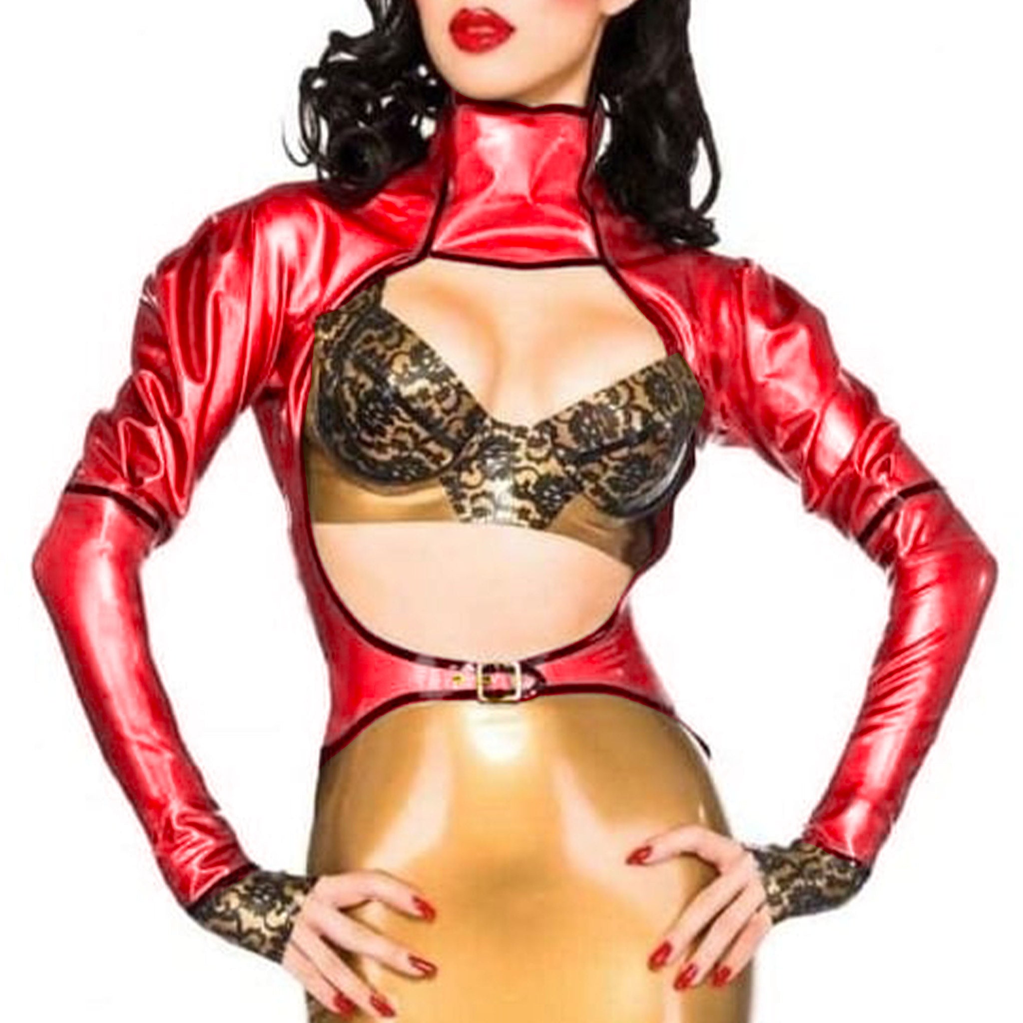 Puff Sleeve Open Bust High Neck Latex Top  L