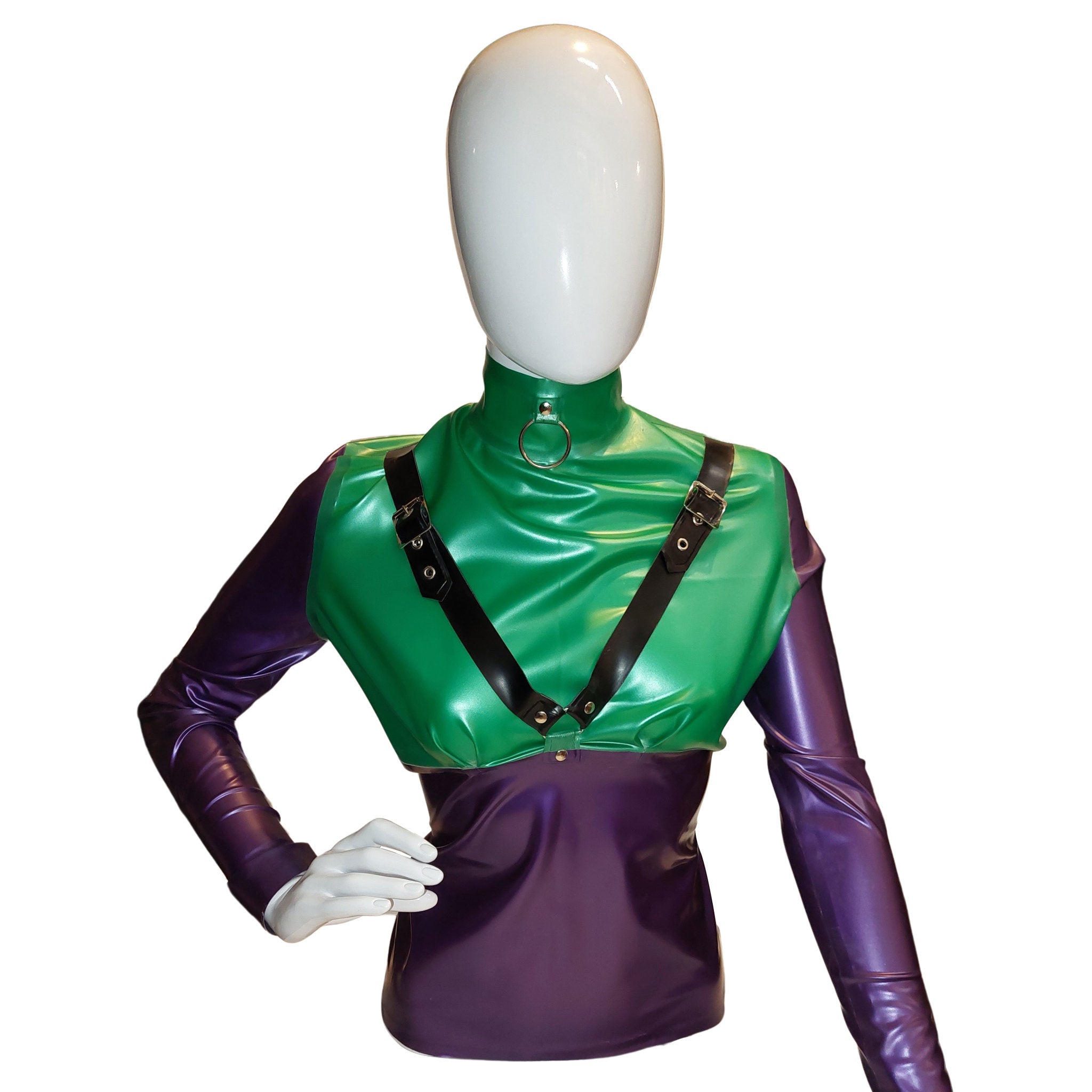 Long Sleeve Latex Top With Buckle Straps  XL