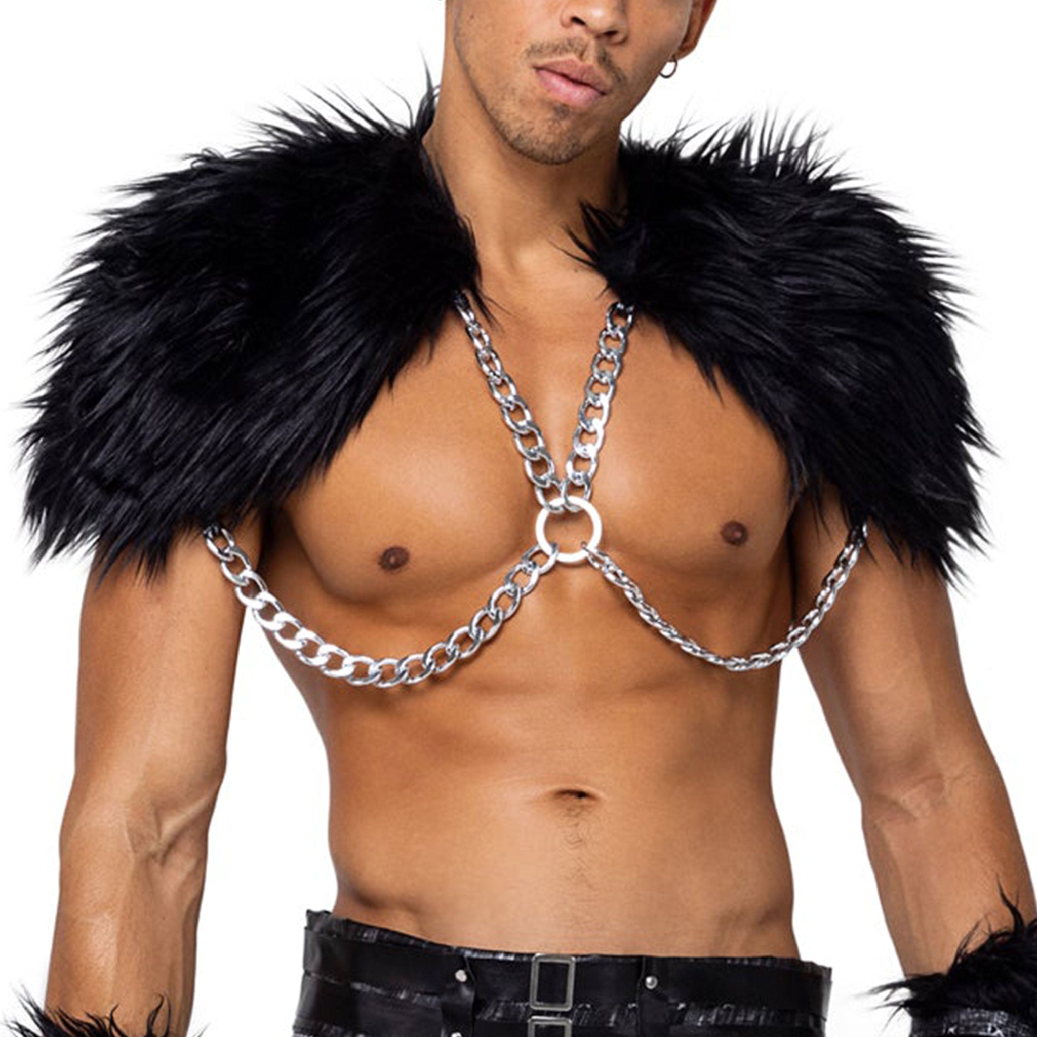 Unisex Faux Fur Shoulder Harness with Silver X Chain