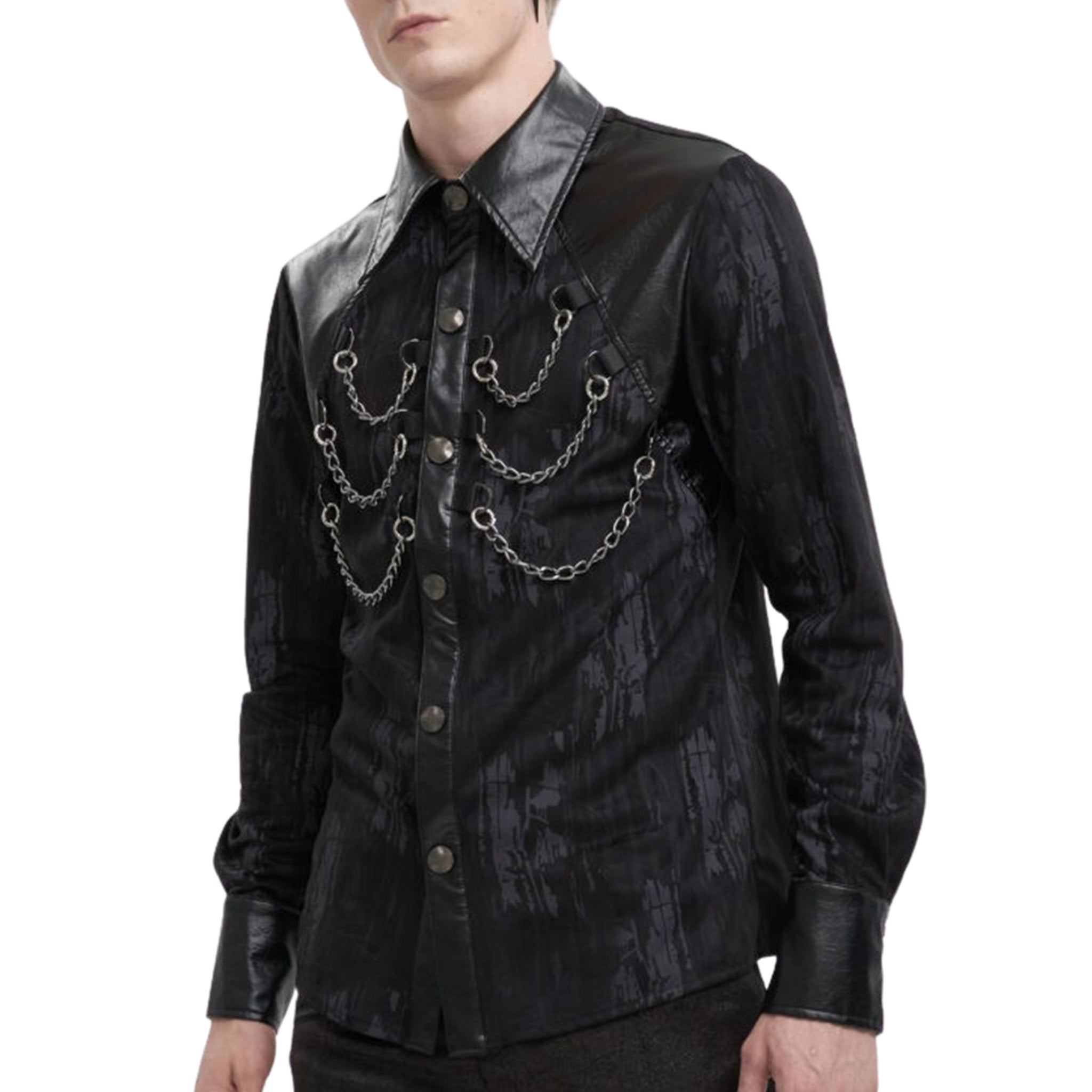 Vegan Leather Collar Long Sleeve Distressed Shirt With Chains