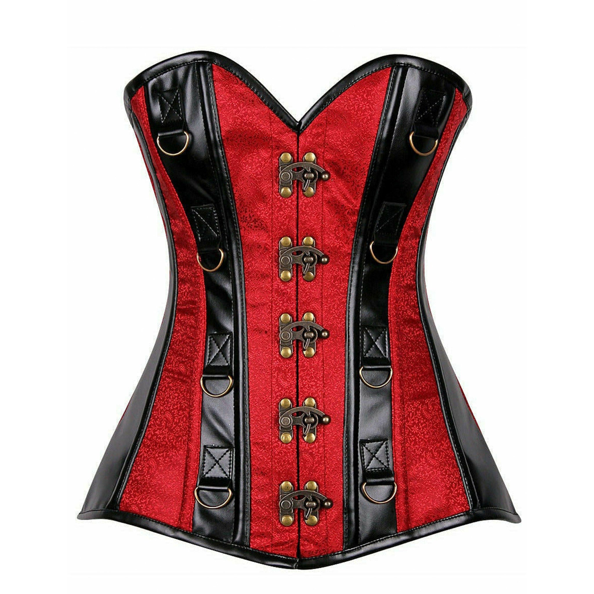 Satin Brocade & Faux Leather Steel Bones Overbust Corset With Clasps