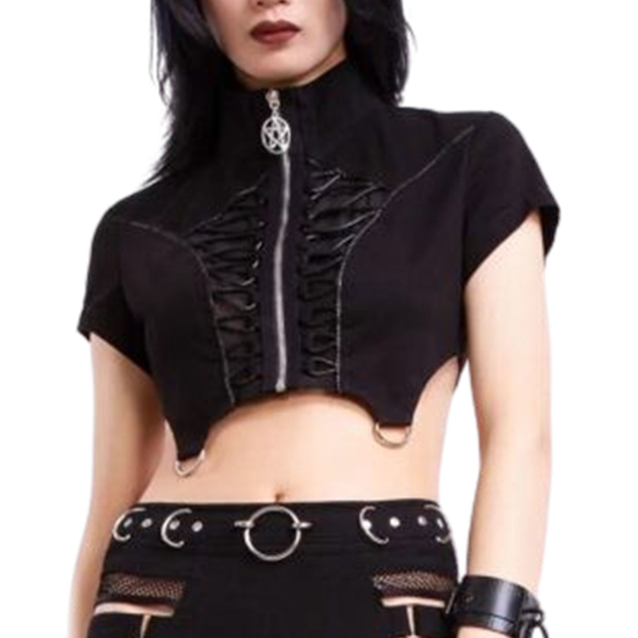 Punk Short Sleeve Crop Jacket With Mesh Details & D-rings