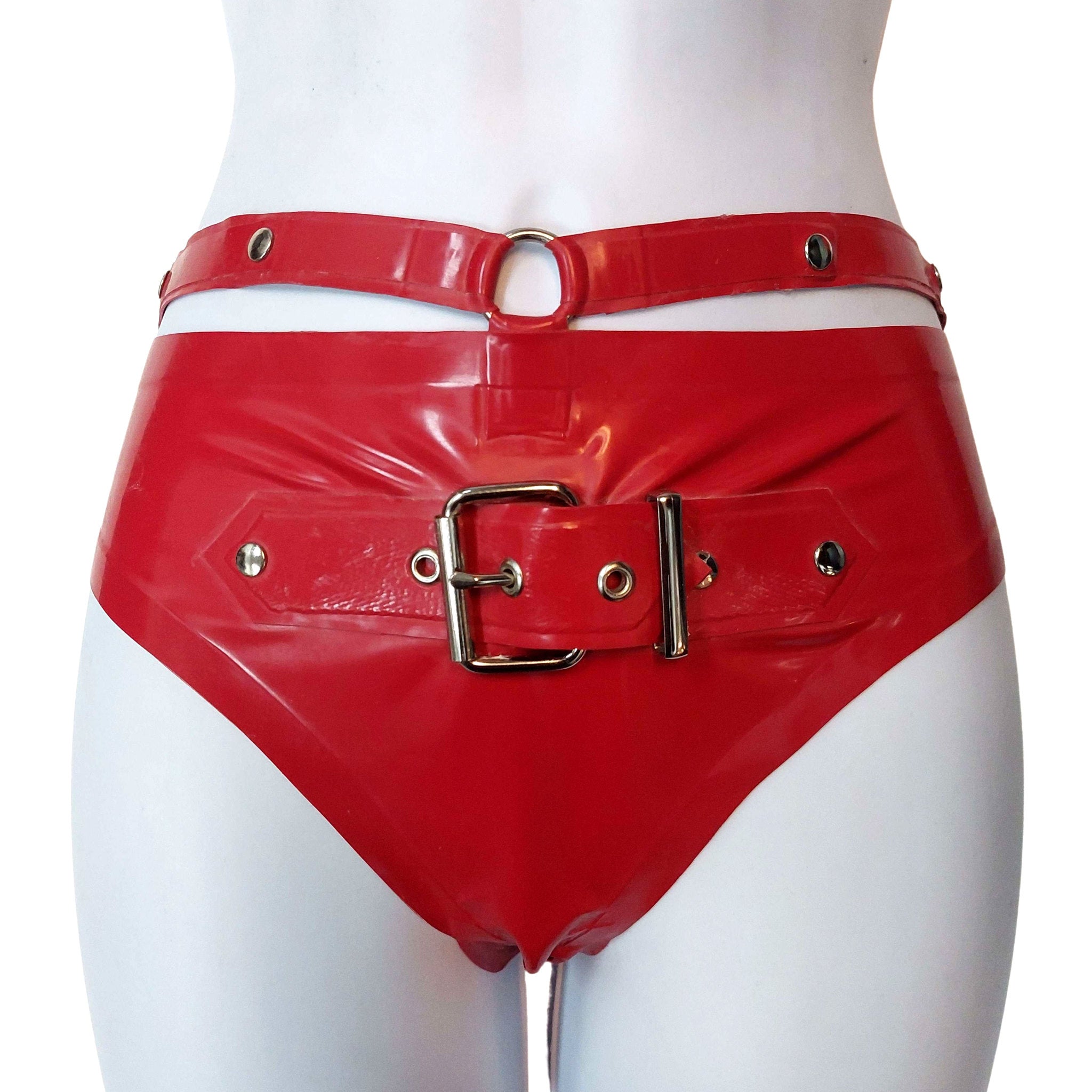 Studded Harness Latex Briefs with Buckle Red