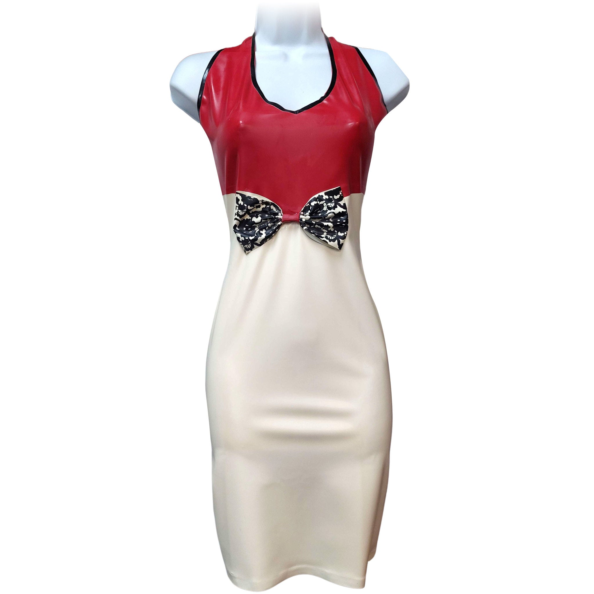LIMITED Latex Lace Print Bow Halter Dress White/Red S