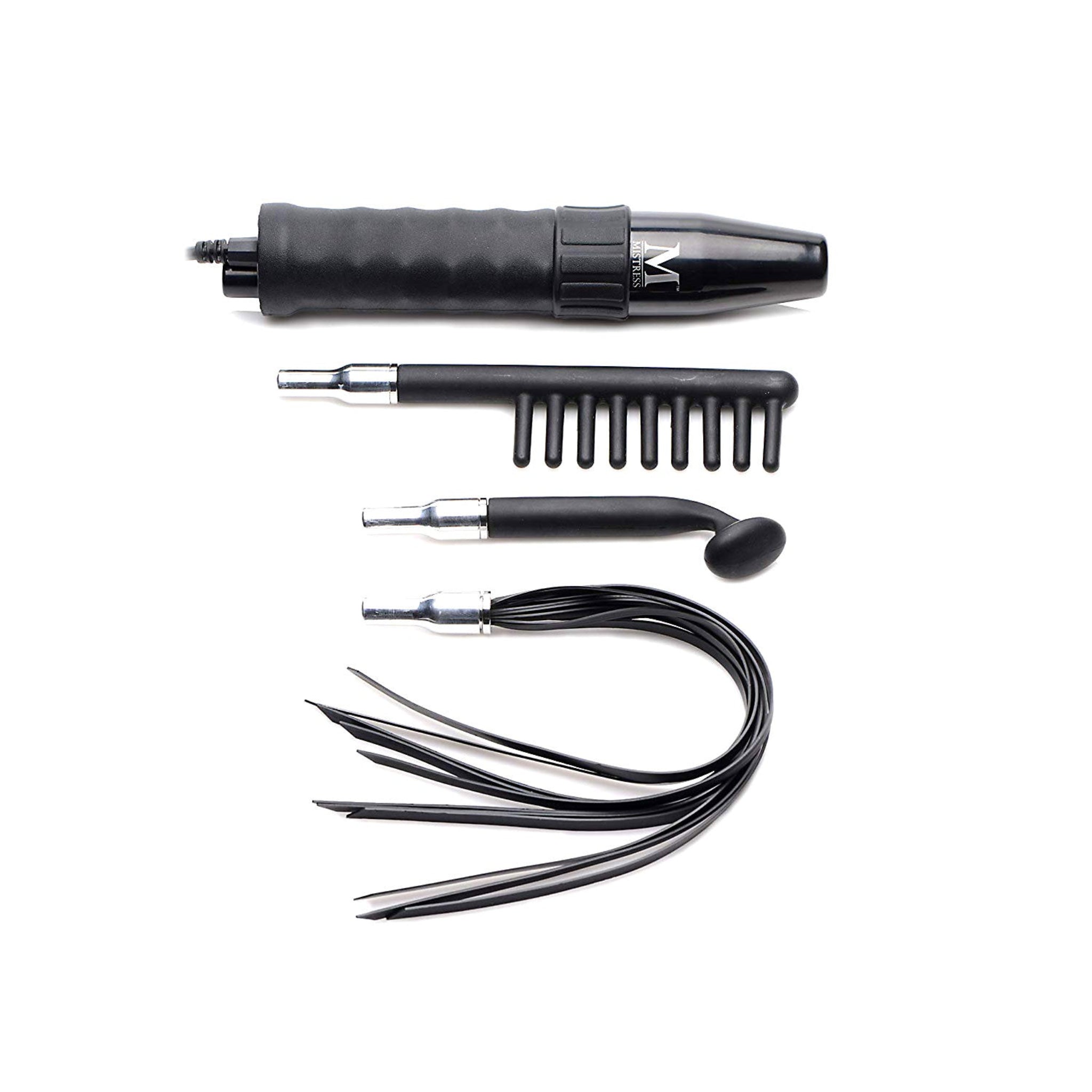 Deluxe E-Stim wand kit, electro shock sex toy set, silicone e-stim attachments, electric stimulation wand with flogger, BDSM electro play toy, adjustable intensity electro stim wand, Fetish Factory electro gear set