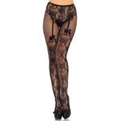 Fleur De Lace Suspender Illusion Crotchless Tights floral lace nylon spandex faux garter seams satin bow accents crotchless tights lingerie accessory Fetish Factory