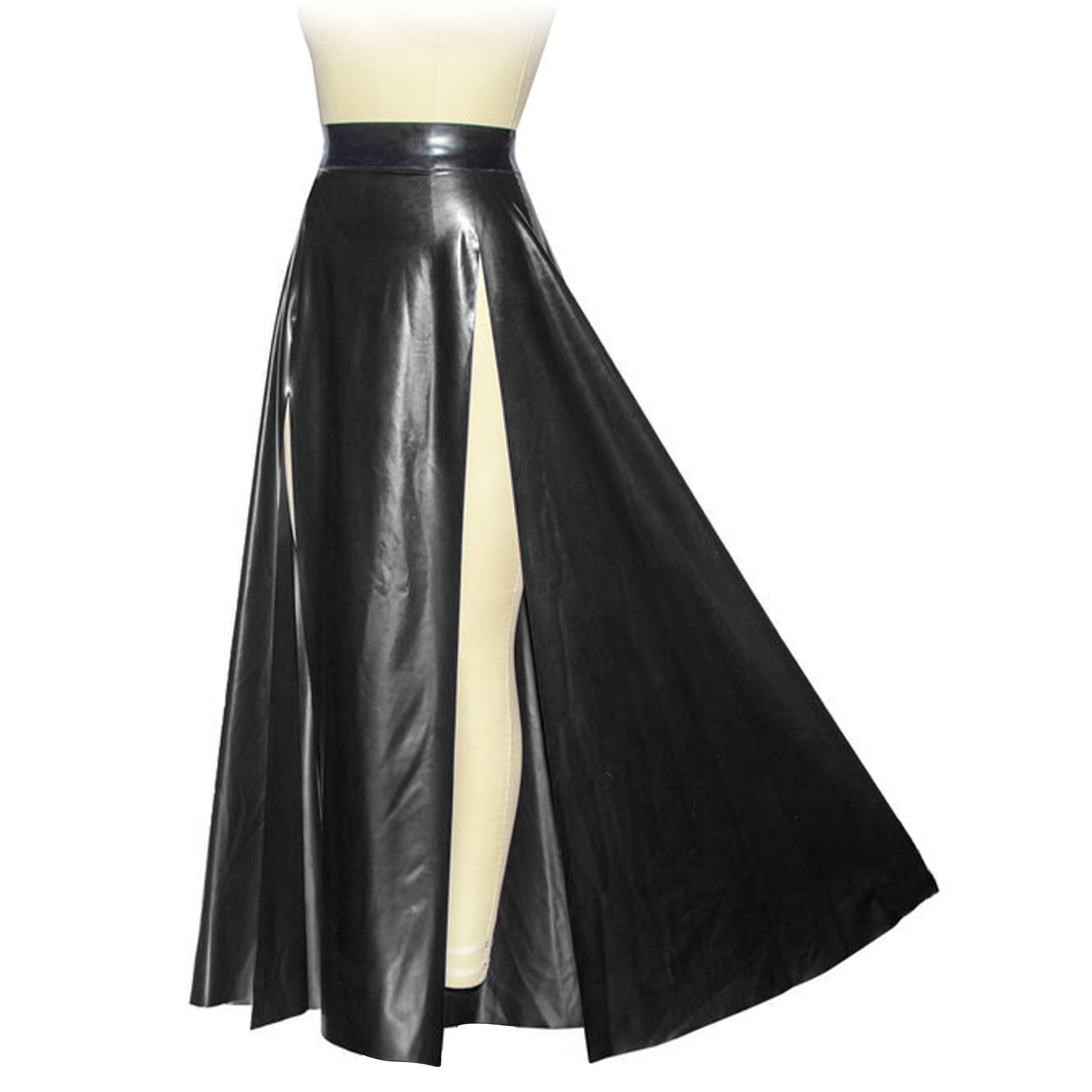 high slit latex skirt, thin latex long skirt with dual slits, full-length fetish latex skirt, dramatic latex fashion bottom, 0.25mm natural latex skirt, Fetish Factory latex wear